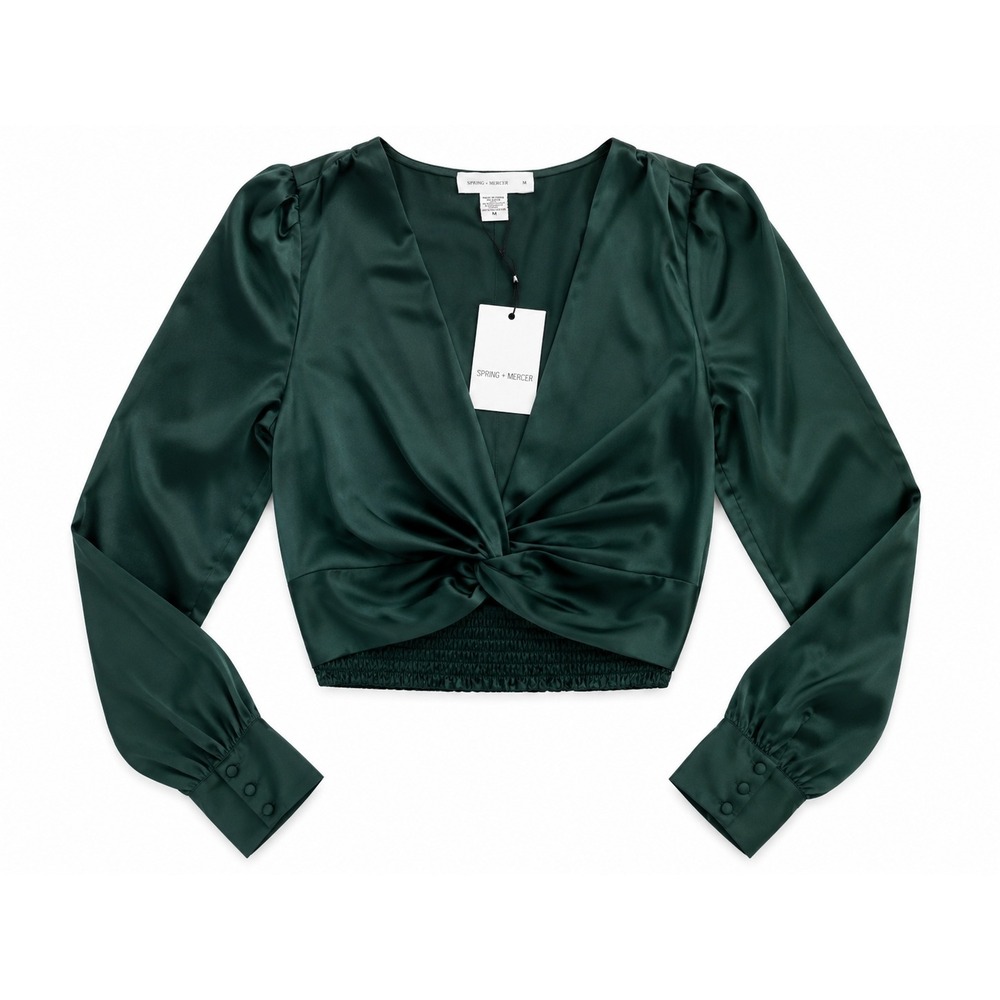 Spring + Mercer Women Green Twist Front Satin Crop Blouse Top Medium NWT